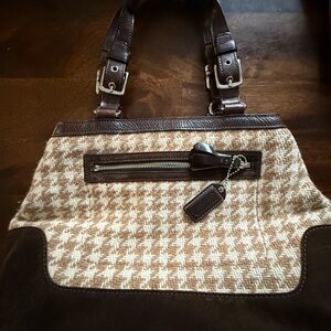 Coach Wool Houndstooth Satchel Brown Leather Trim Tote Bag